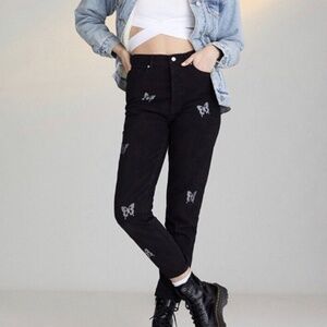 NWT PacSun Butterfly Jeans • Rhinestone Slim Fit • Black Denim • Sz 25